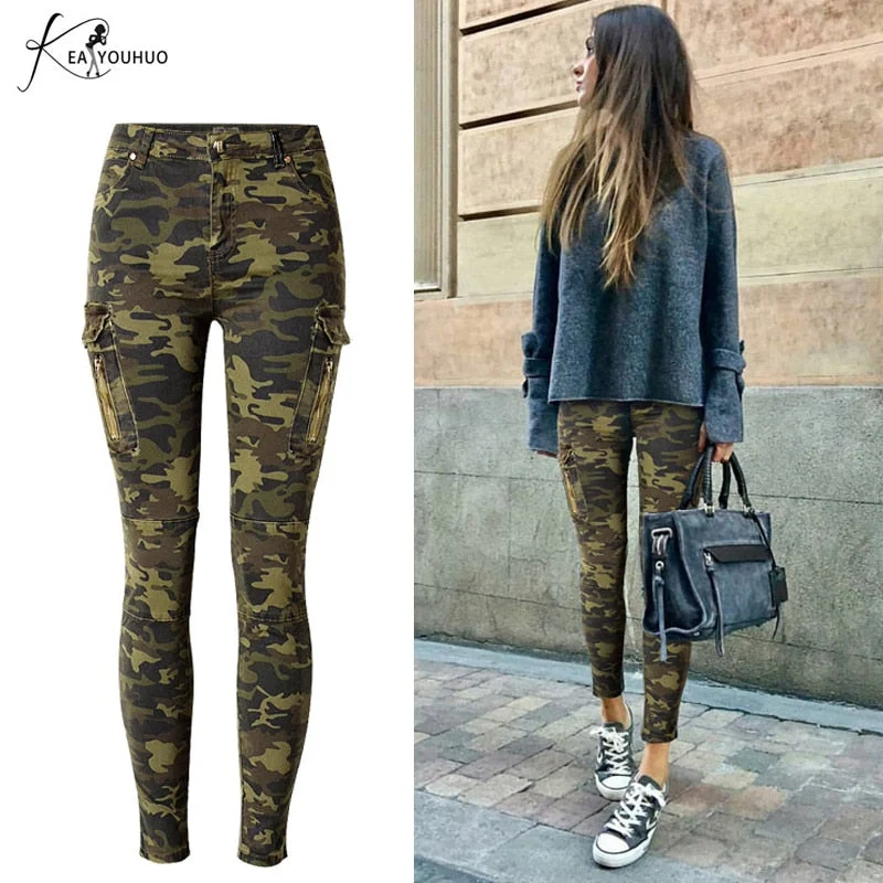 Pencil Plus Size Cargo Jeans Woman High Waist Camouflage Elegant Tapered Leg Denim