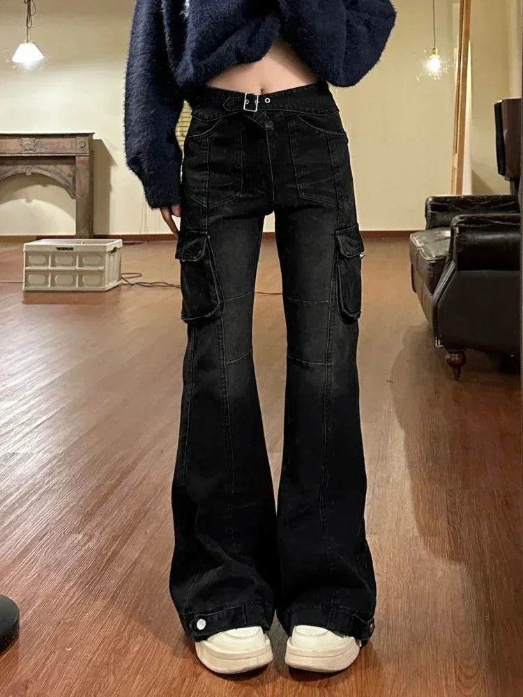 Getadme 2 Black Cargo Flare Jeans Women Streetwear Vintage Baggy Korean High Waist Denim Pants Y2k Causal Kpop Wide Leg Trousers Casual High-Waisted Bootcut Jeans