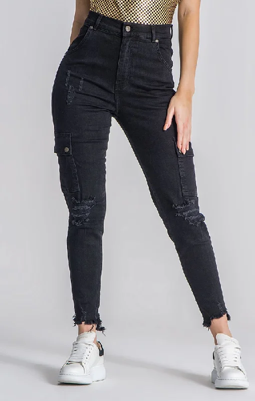 Black Core Cargo Jeans Trendy Bootcut High-Waisted Jeans