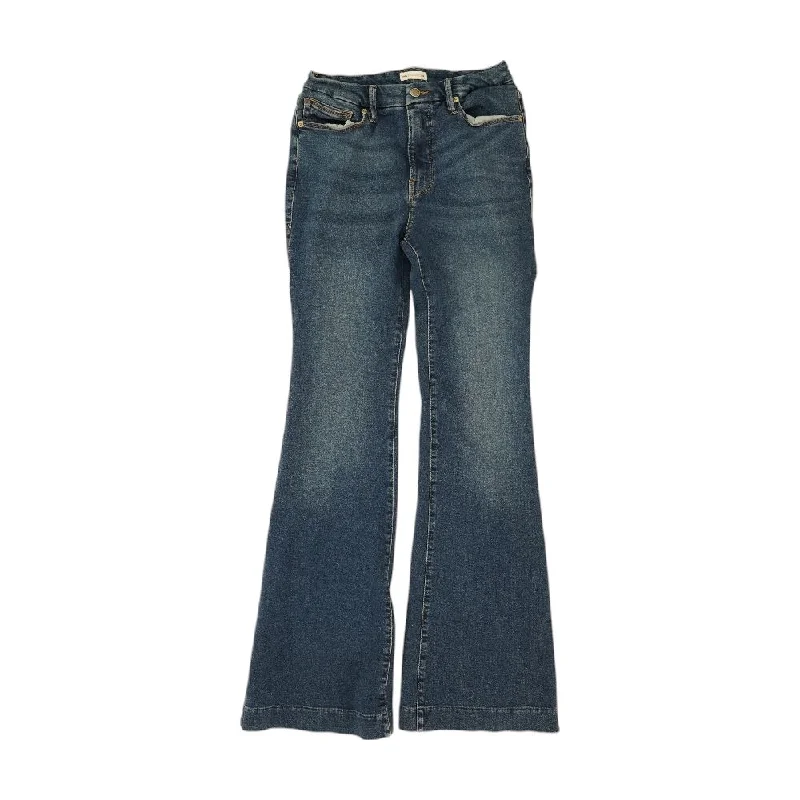 Blue Solid Mid Rise Bell Bottom Jeans Trendy Wide-Leg High-Waist Denim