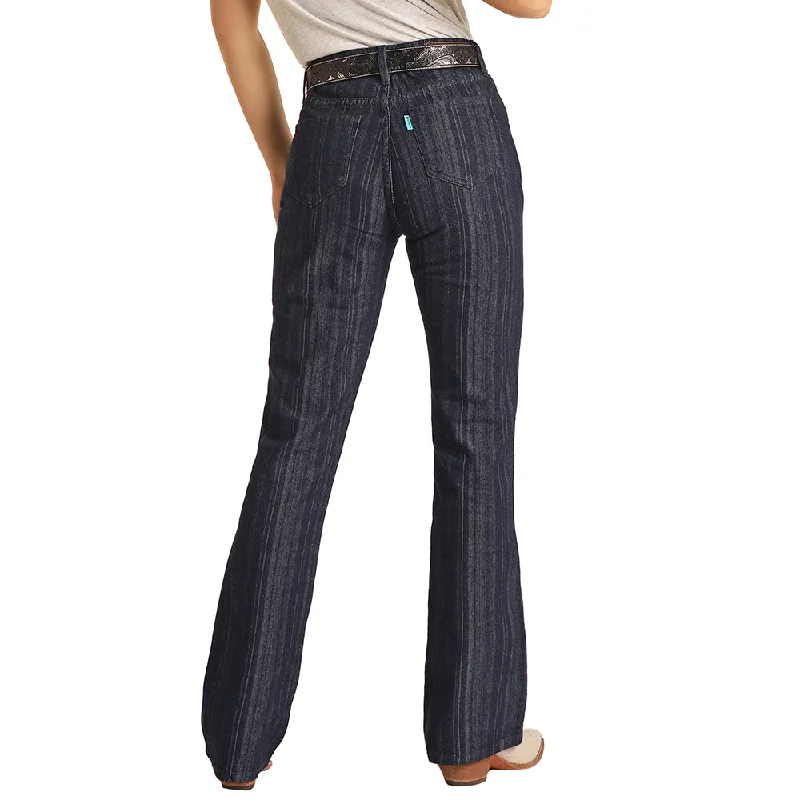 Dark Wash Jaquard Stripe High Rise Bootcut Jeans Fashionable Distressed Jeans