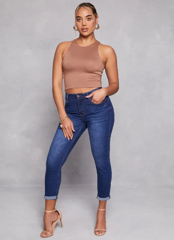 WAX High Waist Rolled Cuff Denim Jeans Casual Wide-Legged Denim Jeans