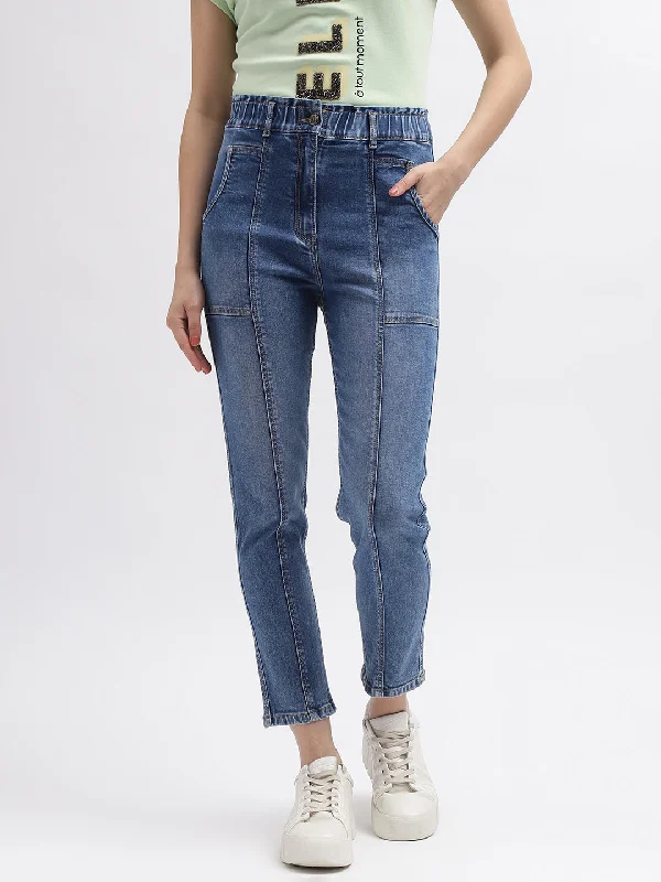 Elle Women Blue Solid Slim Straight Fit Mid-Rise Jeans Elegant Raw Hem Jeans