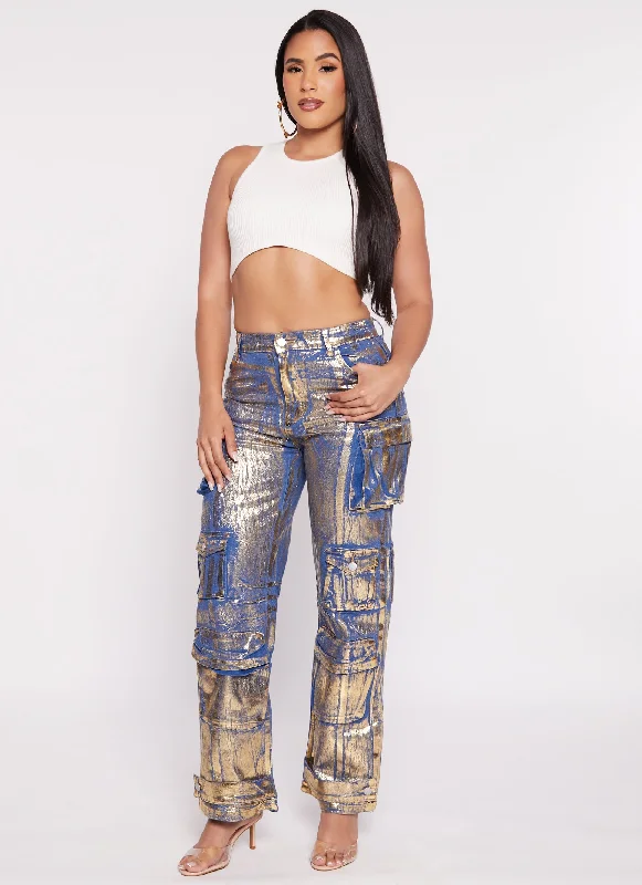 Daisy Foil Screen Wide Leg Cargo Jeans Fashionable Raw Hemmed Jeans