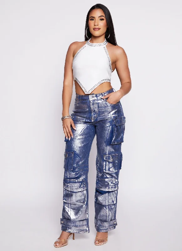 Daisy Foil Screen Wide Leg Cargo Jeans Fashionable Button-Front Jeans
