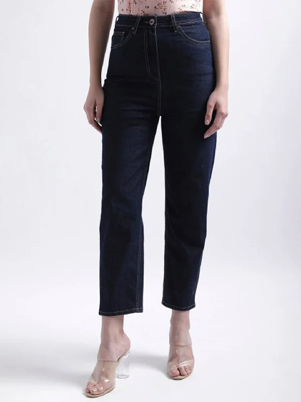 Iconic Women Blue Solid Mom Fit Jeans Stylish Shredded Denim Jeans
