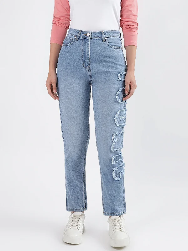 Iconic Women Blue Washed Mom Fit Mid-Rise Jeans Comfortable Ankle Jeans