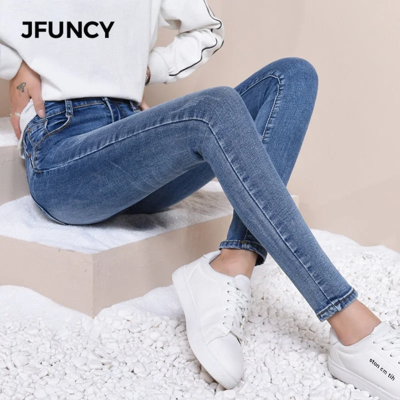 JFUNCY Women High Waist Skinny Jeans Mujer 2019 Slim Stretch Jeans Plus Size Winter Spring Warm Velvet Pencil Denim Pants Lady Comfortable Jogger Style Jeans