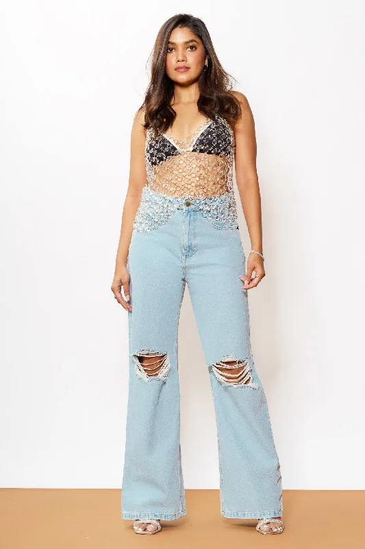 Blue Light Distressed Wide Jeans Comfortable Zip-Fly Denim Jeans