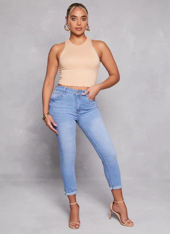 WAX High Waist Rolled Cuff Denim Jeans Stylish High-Waisted Denim