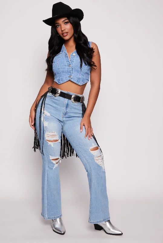 WAX High Waisted Distressed Flare Jeans Chic Faded Blue Jeans