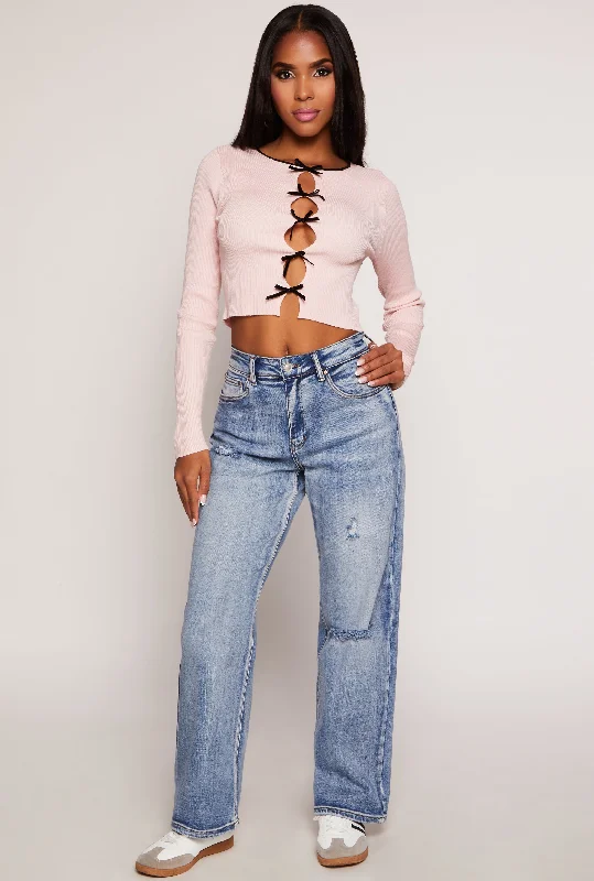 WAX Distressed Loose Fit Wide Leg Jeans Trendy Button-Up High-Waist Jeans