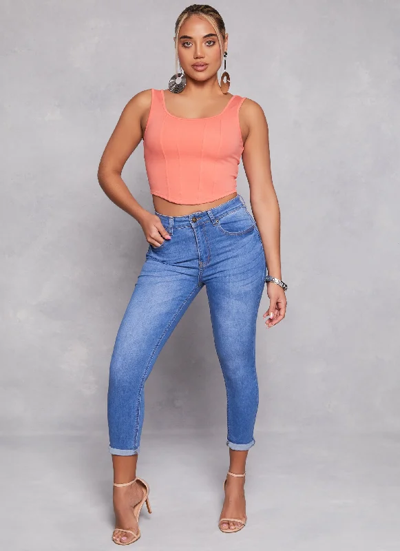 WAX High Waist Rolled Cuff Denim Jeans Trendy Wide-Legged High-Waist Jeans