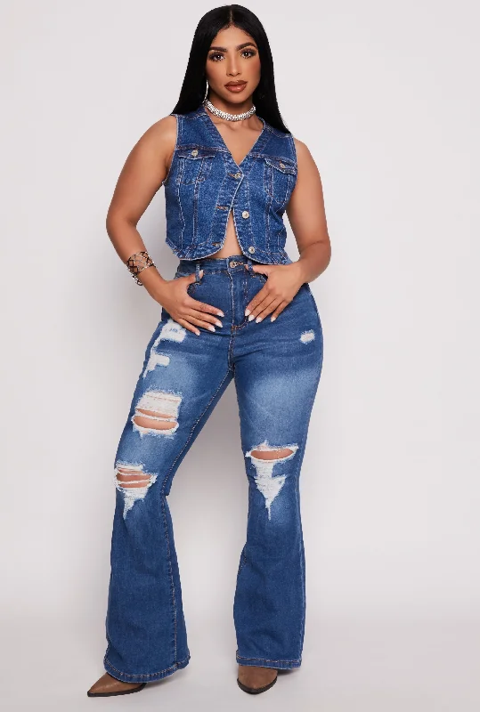 WAX High Waisted Distressed Flare Jeans Stylish High-Waist Jeans
