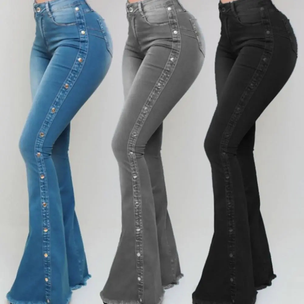 Mid Waisted Stretch Flare Jeans Women's Denim Pants Wide Leg Chic Ripped Jeans