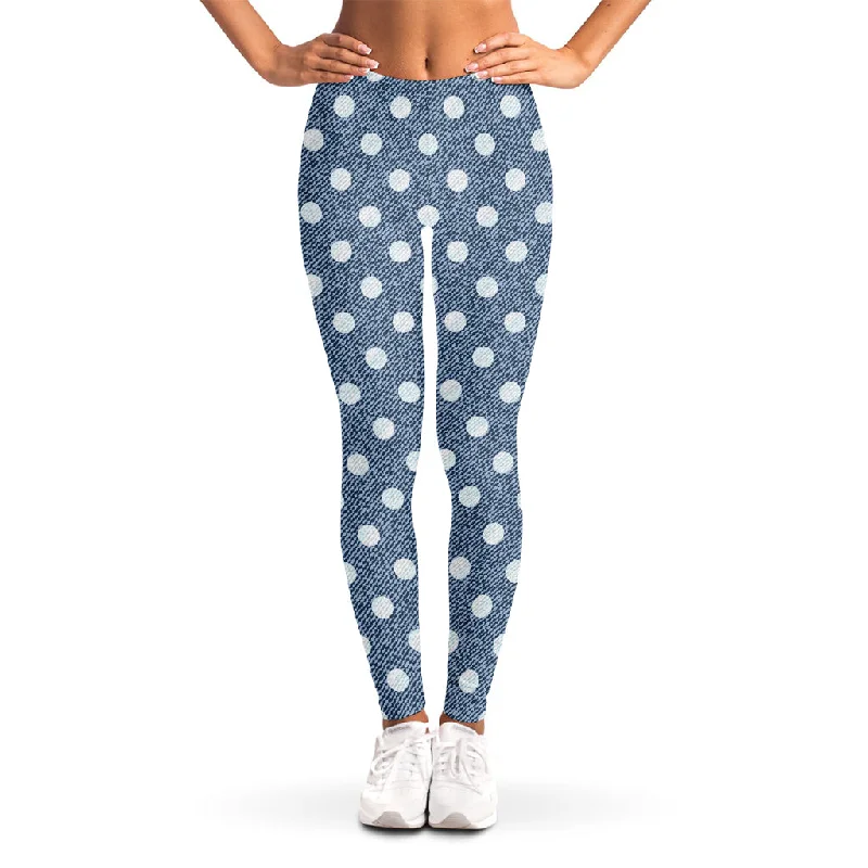 Polka Dot Denim Jeans Pattern Print Women's Leggings Chic Faded Blue Jeans