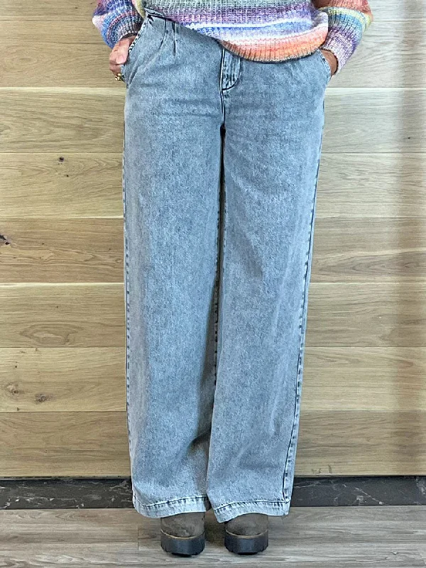 Pulz PzVicky Wide Leg Jeans Grey Comfortable Distressed Straight-Leg Jeans