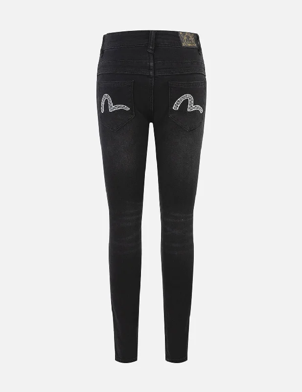 Seagull Embroidery High-Waist Skinny Jeans Comfortable Full-Length Denim Jeans