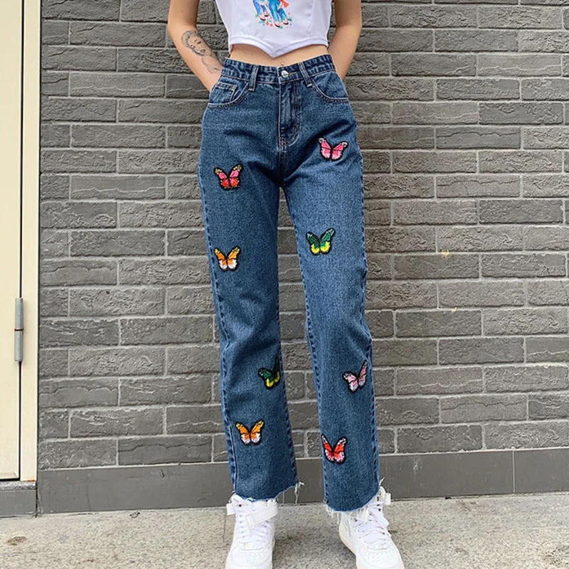 SHENGPALAE 2020 Casual Jeans Woman Long Trousers Cowboy Female Loose Streetwear Butterfly Embroidered Straight Pants ZA4377 Fashionable Jeggings Style Jeans