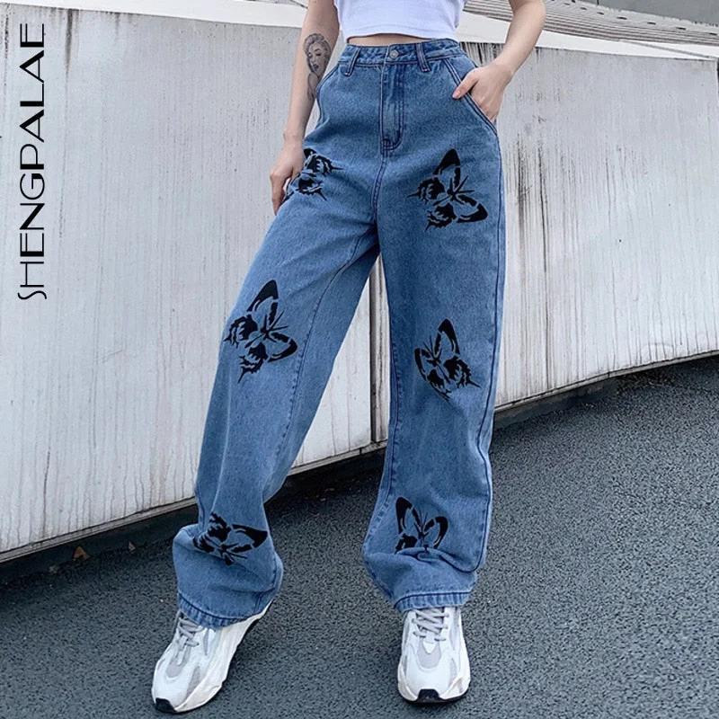 SHENGPALAE 2020 New Summer Vintage Jeans Woman,Loose Streetwear Butterfly Print Pants 10 Comfortable Distressed Straight-Leg Jeans