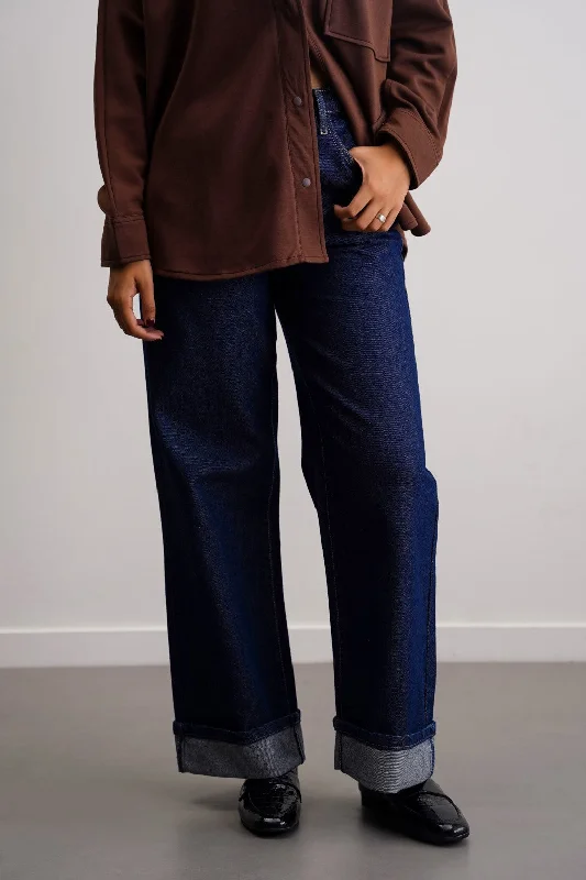 FOLD UP STRAIGHT JEANS Chic Faded Blue Jeans