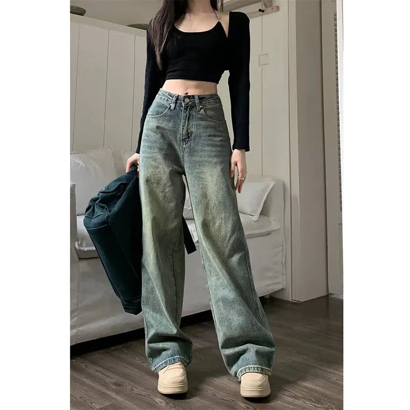 Getadme 3 Vintage 90S Baggy Straight Denim Trousers Female Y2K High Waist Loose Wide Leg Jeans Women Streetwear All-Match Casual Pants New Trendy Wide-Leg High-Waist Denim
