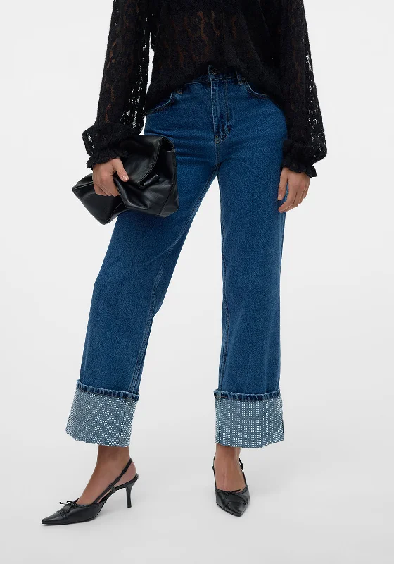 Vero Moda Chloe Rhinestone Hem Wide Leg Jeans, Medium Blue Comfortable Stretch Fit Jeans