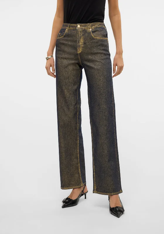 Vero Moda Tessa Gold Metallic Coated Wide Leg Jeans, Medium Blue Stylish High-Rise Mom Jeans