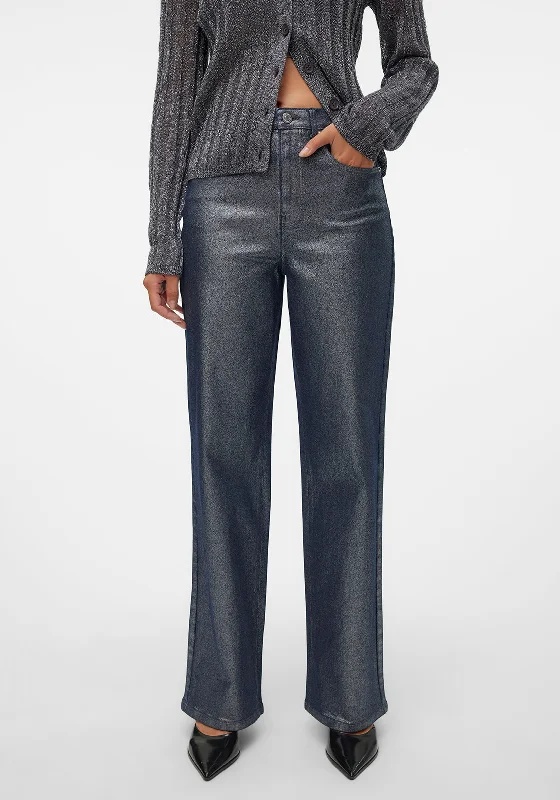 Vero Moda Tessa Silver Metallic Coated Wide Leg Jeans, Medium Blue Trendy Low-Rise Bootcut Jeans