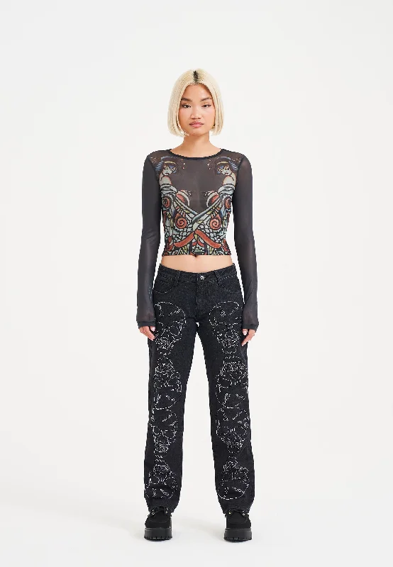 Womens Crystal Skull Straight Leg Denim Trousers Jeans - Black Comfortable Straight-Legged Denim