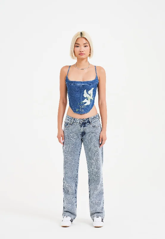 Womens Crystal Skull Straight Leg Denim Trousers Jeans - Blue Trendy Flared Leg Jeans