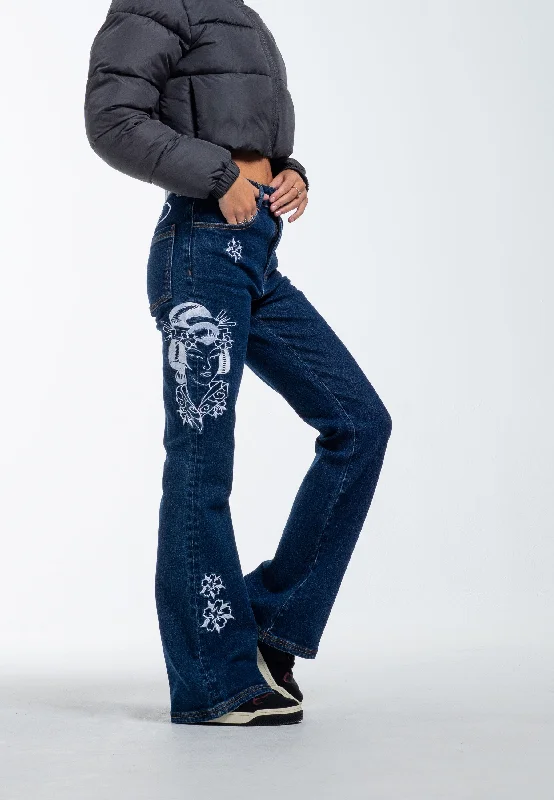Womens Geisha Mirror Flared Denim Trousers Jeans - Indigo Casual Straight-Leg Jeans