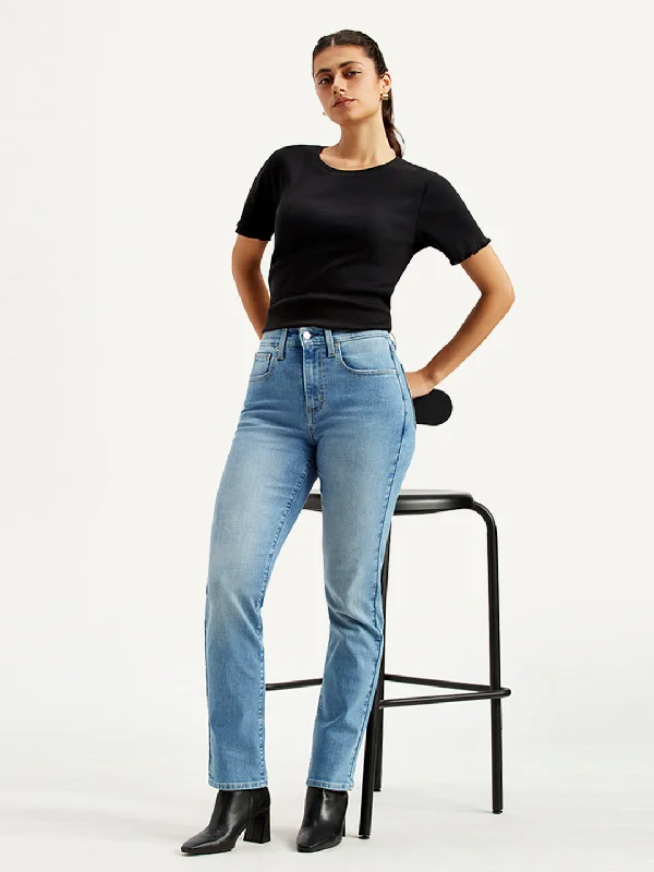 Women's High Rise 724 Slim Straight Fit Blue Jeans Chic Rolled Cuff Denim Jeans