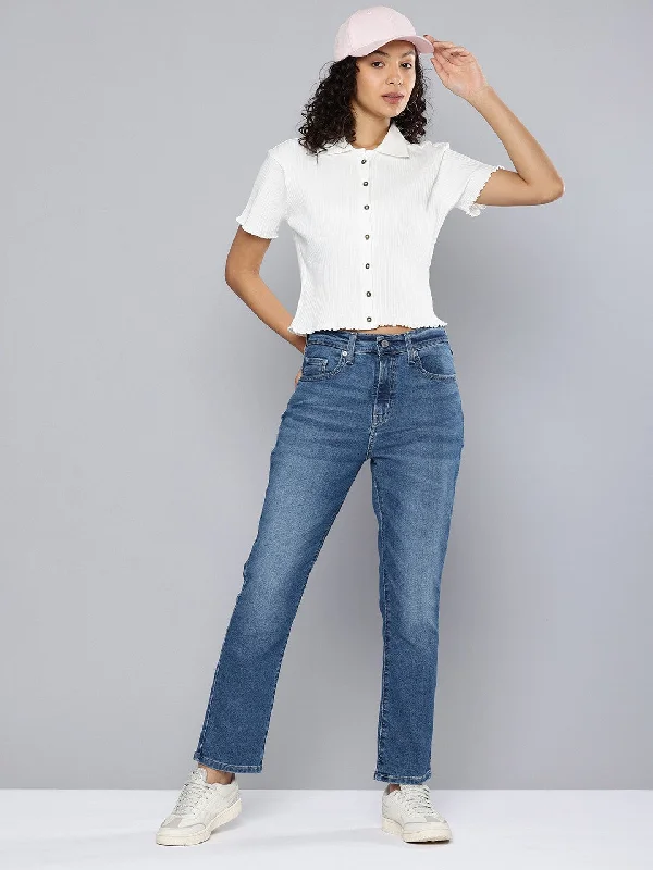 Women's High Rise 724 Slim Straight Fit Indigo Jeans Fashionable Cropped Denim Jeans
