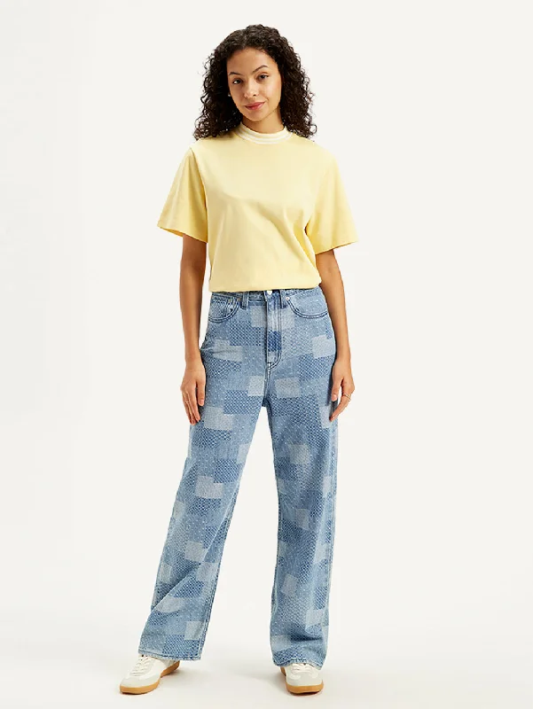 Women's High Rise Loose Fit Indigo Jeans Comfortable Faded High-Rise Jeans