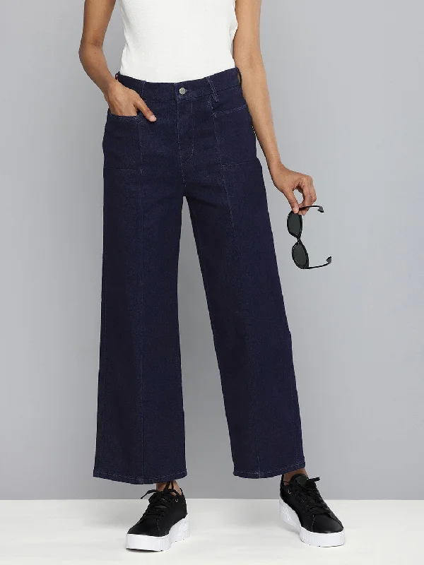 Women's High Rise Navy Wide Leg Jeans Comfortable Low-Rise Jeans
