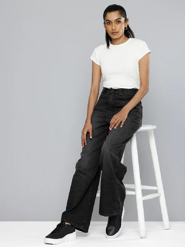 Women's High Rise Ribcage Charcoal Wide Leg Jeans Trendy Colored Denim Jeans