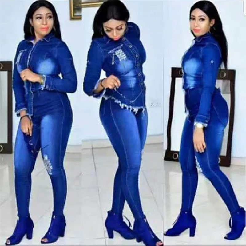 Women's Jeans European and American African Women's Jeans Suit Chic Rip-Detail High-Waist Jeans