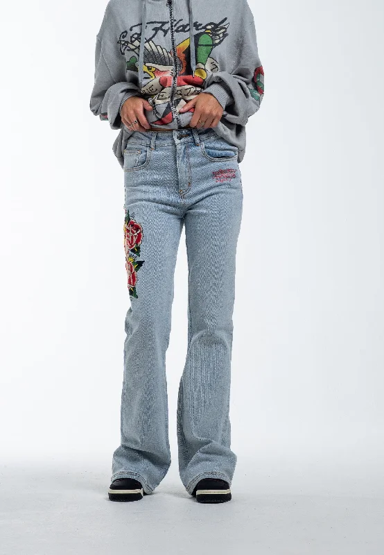 Womens Lady Rose Flared Denim Trousers Jeans - Blue Chic Double Waistband Jeans