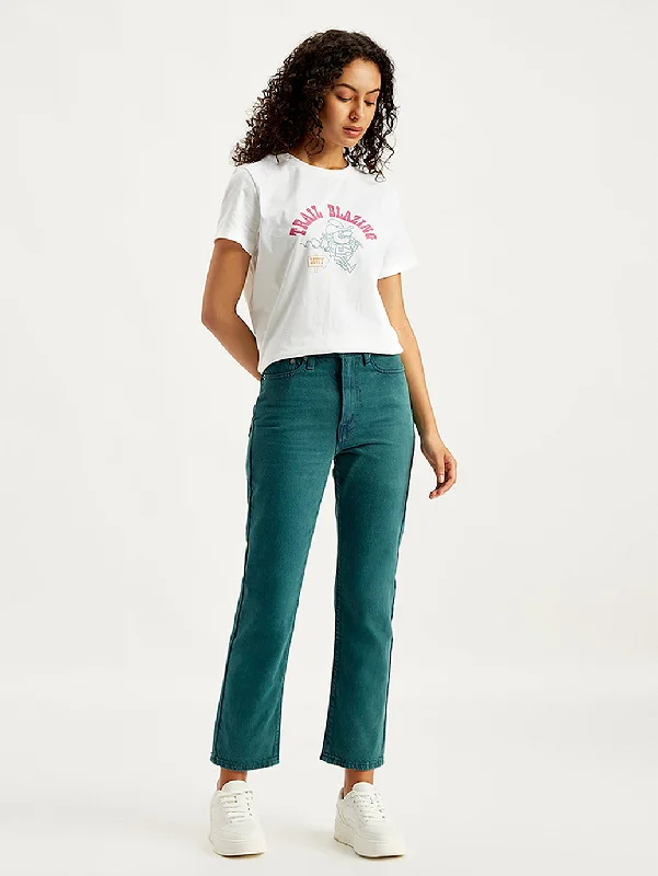 Women's Mid Rise Wedgie Straight Fit Teal Jeans Classic Button Fly Jeans