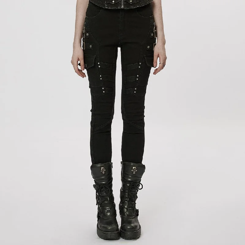 Women's Punk Multi-Pocket Buckle Jeans Elegant Bootcut Fit Jeans