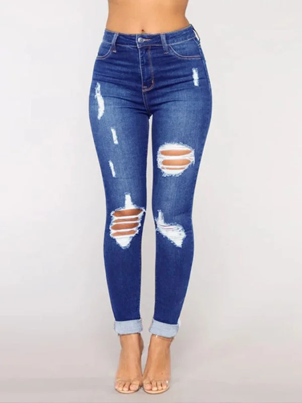 Women's trendy fashion ripped washed jeans Stylish High-Waist Skinny Denim