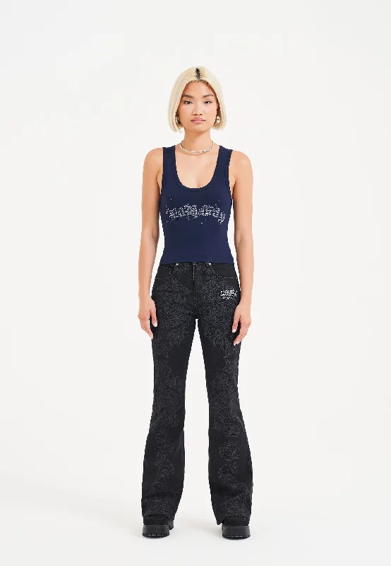 Womens Ice Geisha Flared Denim Trousers Jeans - Black/Grey Comfortable Full-Length Denim Jeans