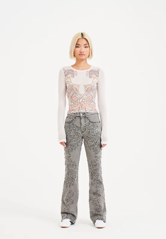 Womens Ice Geisha Flared Denim Trousers Jeans - White/Grey Stylish Stone-Wash Denim Jeans